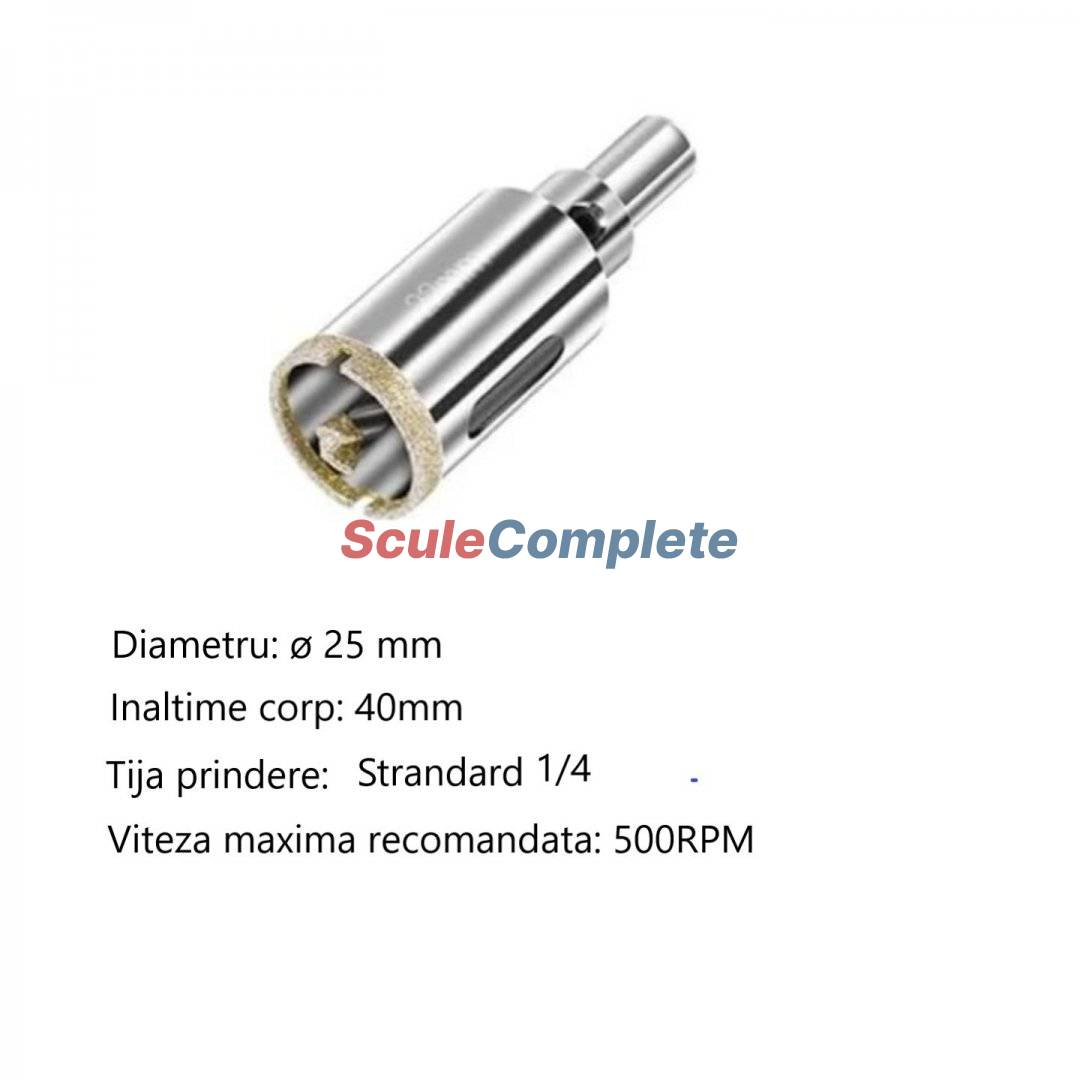 Carota diamantata pentru gaurire gresie, faianta, ceramica, granit si marmura, cu burghiu de centrare, Diametru 25mm 
