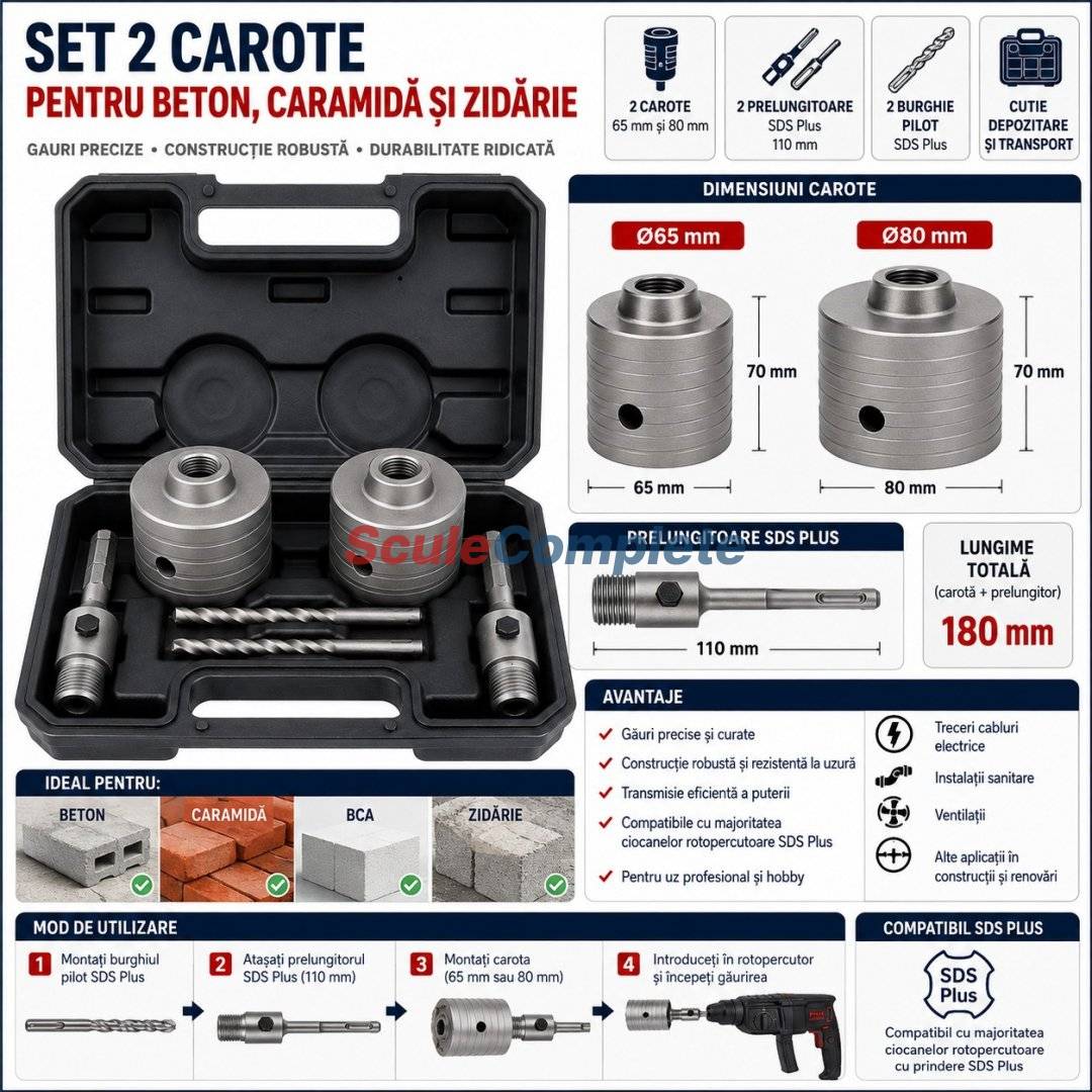Set 2 Carote Beton cu Vidia 65 mm si 80 mm, 2 Prelungitoare 110 mm, Burghie Pilot, Cutie Depozitare si Transport, pentru Beton si Zidarie 