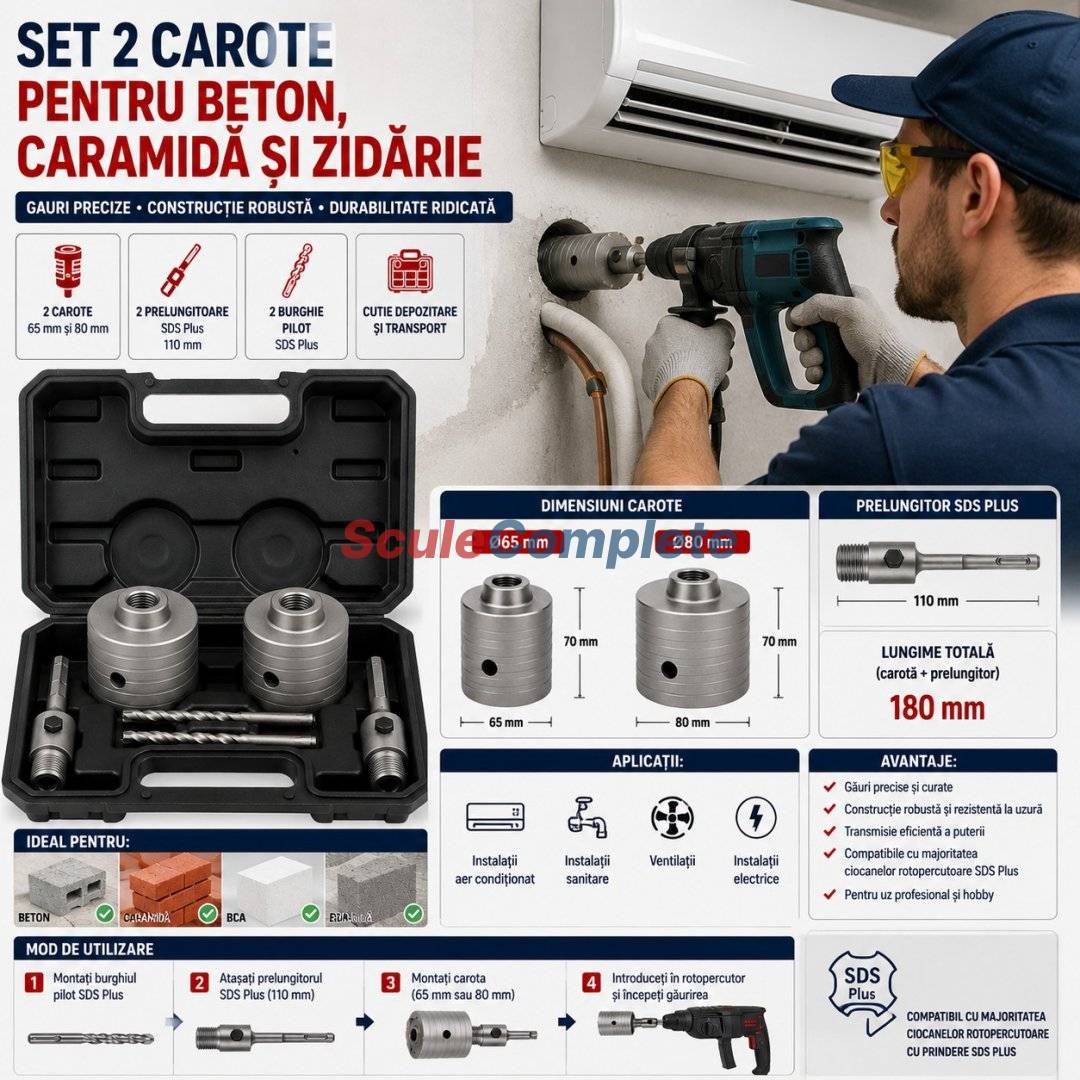 Set 2 Carote Beton cu Vidia 65 mm si 80 mm, 2 Prelungitoare 110 mm, Burghie Pilot, Cutie Depozitare si Transport, pentru Beton si Zidarie 