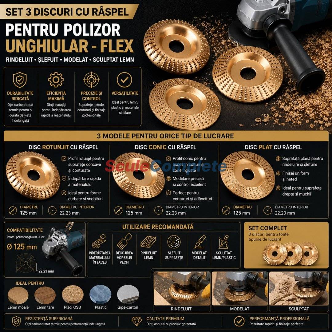 Set 3 Discuri cu Raspel pentru Lemn Ø125 mm – Drept, Conic și Rotunjit, pentru Modelat, Rindeluit și Sculptat, Compatibile cu Flex