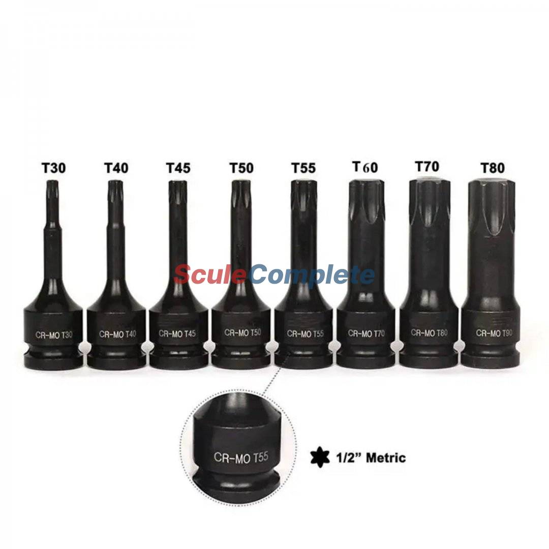 Set 8 Tubulare de impact varf torx T30 - T80, prindere 1/2, Cr-Mo