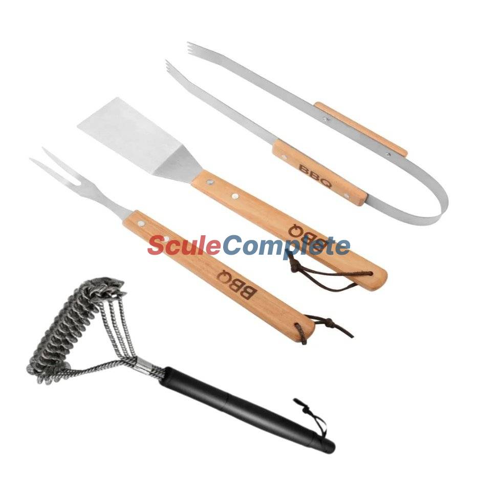 Set Ustensile Gratar - Perie tripla, Spatula, Furculita, Cleste 