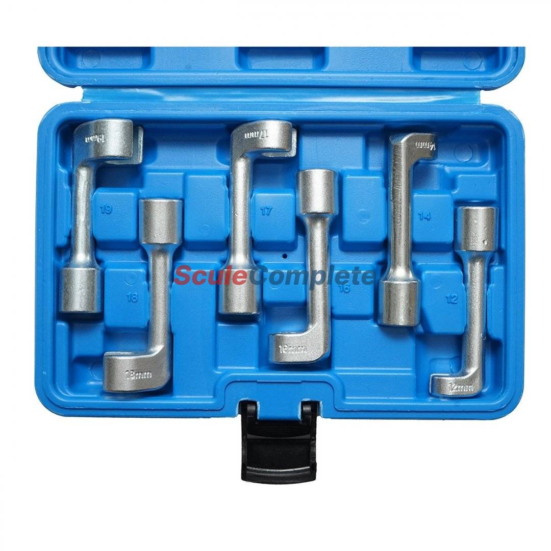 Trusă chei pentru conducte și injectoare, 12, 14, 16, 17, 19 mm, set 6 piese, chei tubulare tip flare nut, oțel crom-vanadiu, cu cutie depozitare